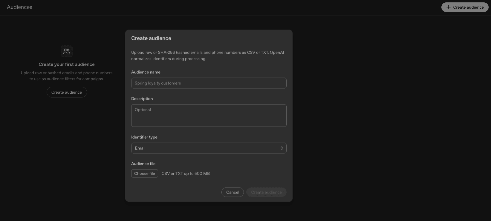 The create audience dialog in OpenAI Ads Manager, explaining that raw or SHA-256 hashed emails and phone numbers can be uploaded as CSV or TXT up to 500 MB
