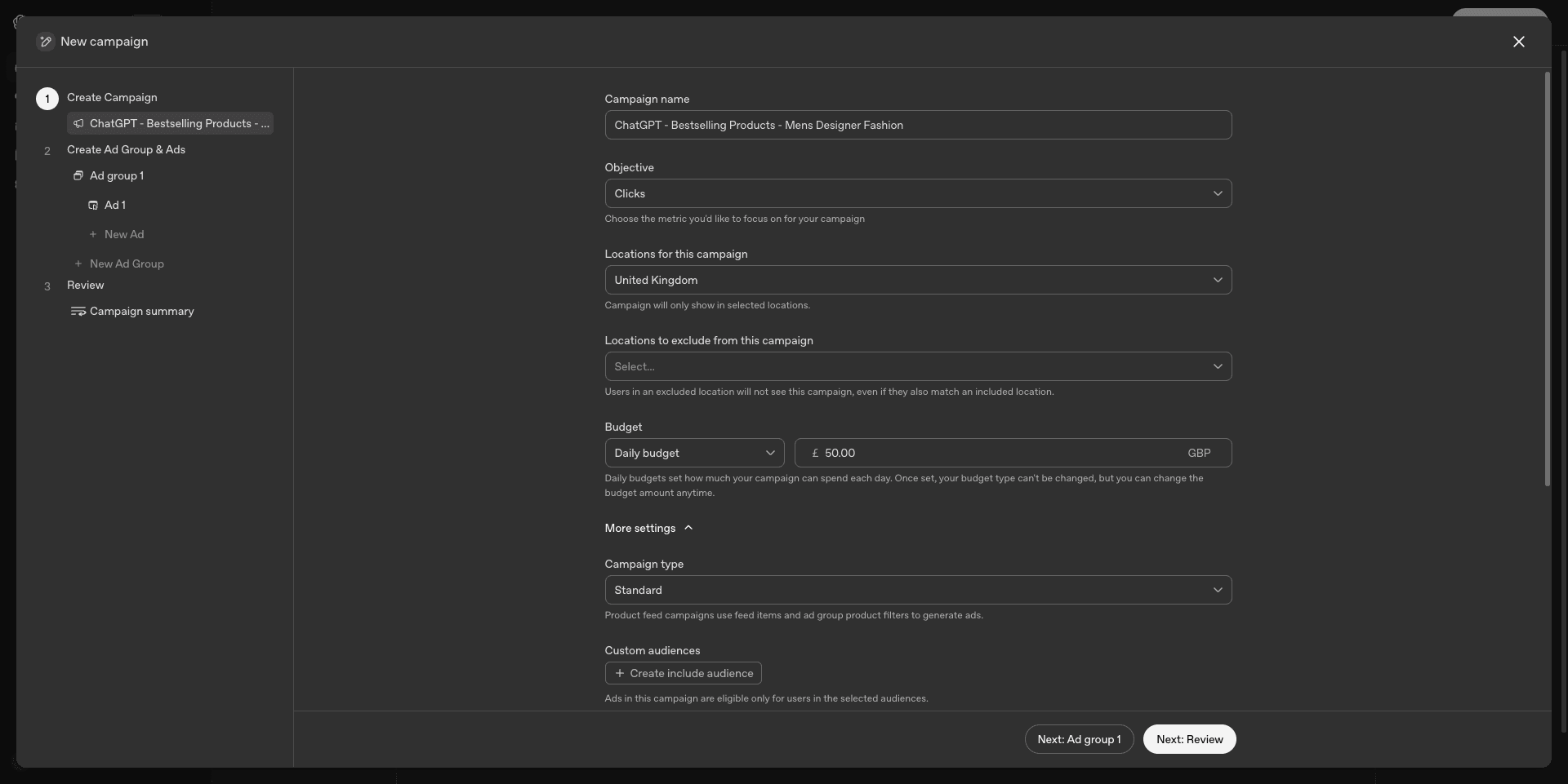 The OpenAI Ads Manager new campaign builder, showing campaign name, objective, location targeting, location exclusions, daily budget in GBP, campaign type and custom audiences