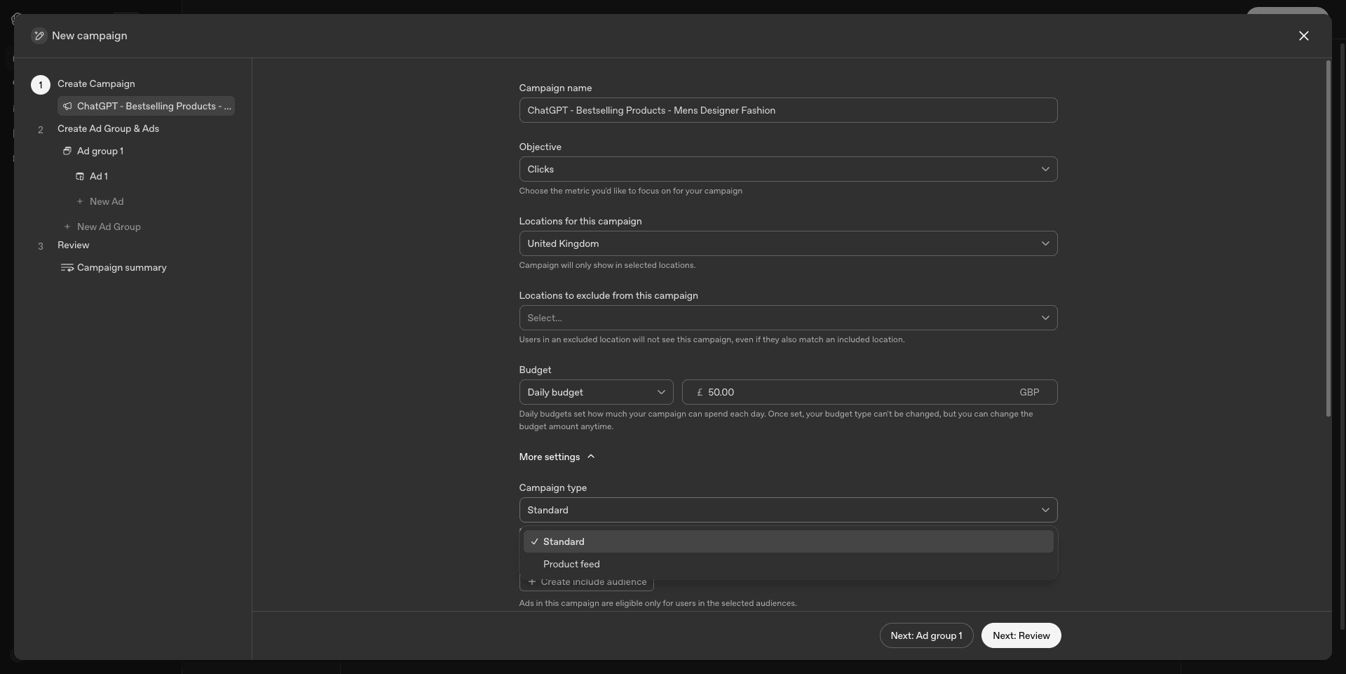 The campaign type dropdown in OpenAI Ads Manager showing two options, Standard and Product feed