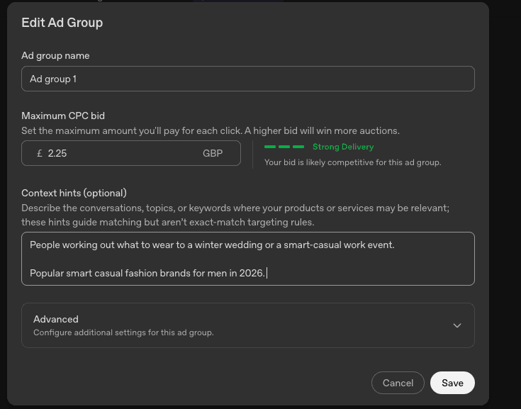 The edit ad group screen in OpenAI Ads Manager, showing a maximum CPC bid of £2.25 with a strong delivery indicator, and a context hints field filled in with conversational descriptions rather than keywords