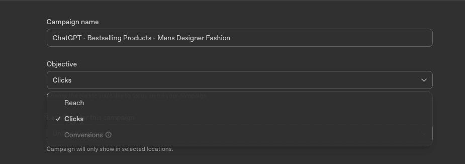 The objective dropdown in OpenAI Ads Manager showing three options: Reach, Clicks selected, and Conversions greyed out and unavailable
