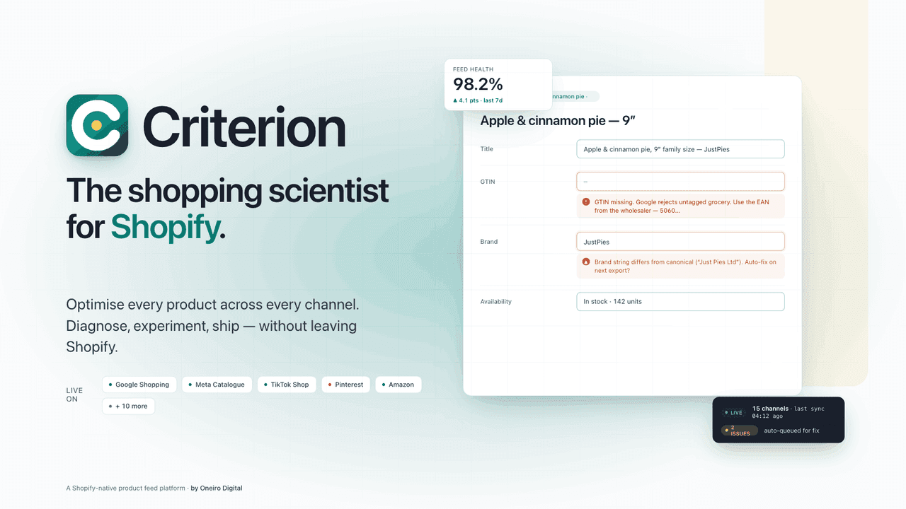 Criterion Product Feeds — promotional banner showing the app in use