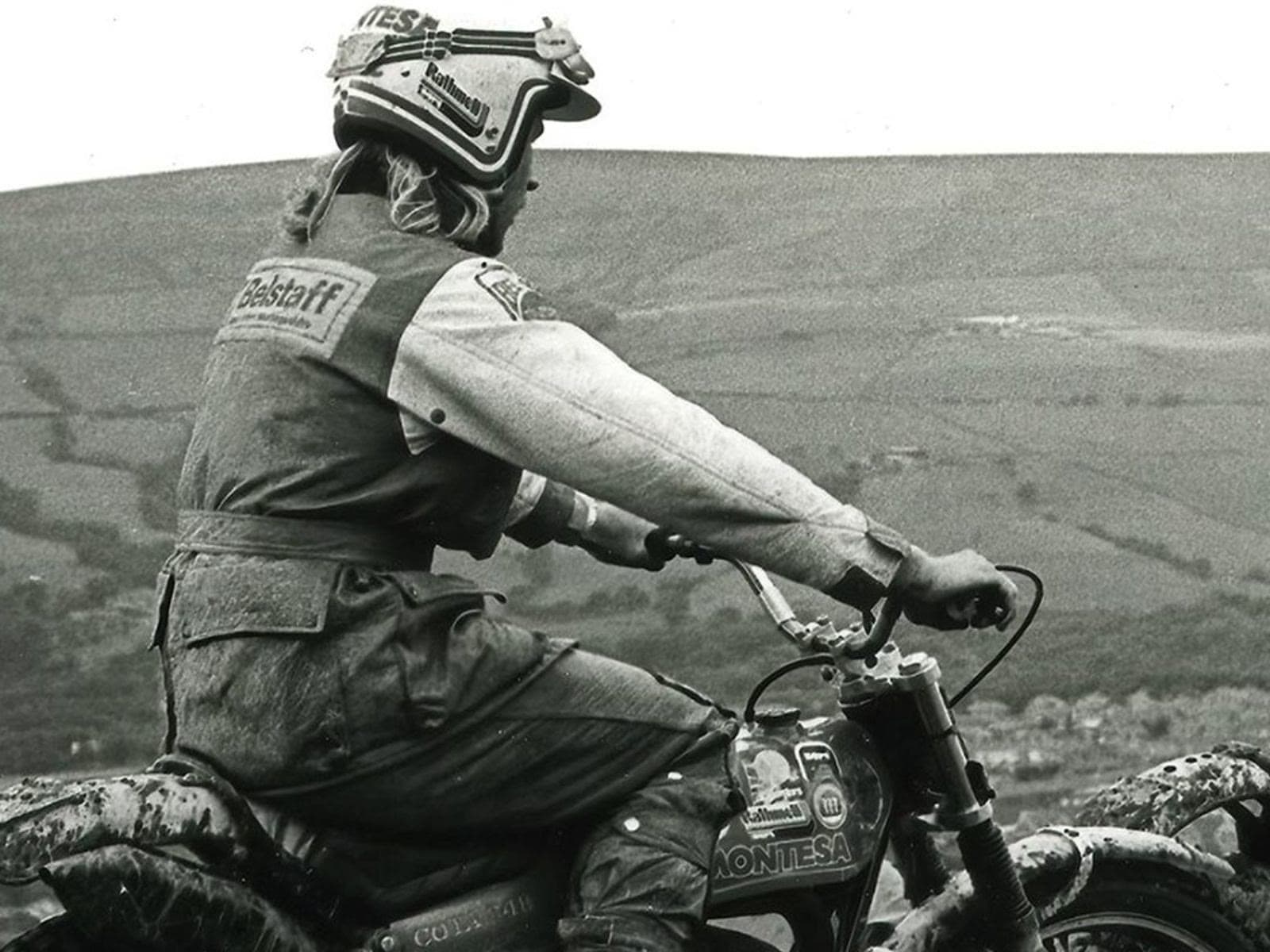 Belstaff heritage trials rider in waxed cotton, black and white campaign photograph
