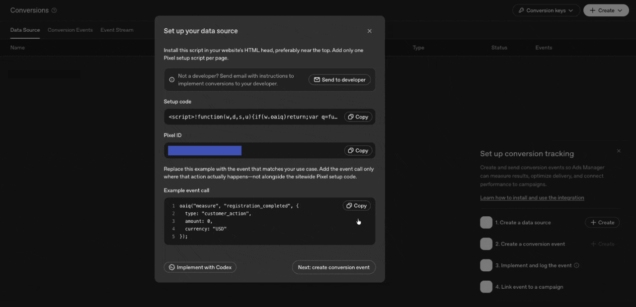 The set up your data source dialog in OpenAI Ads Manager, showing the pixel setup code, pixel ID field and an example oaiq measure event call